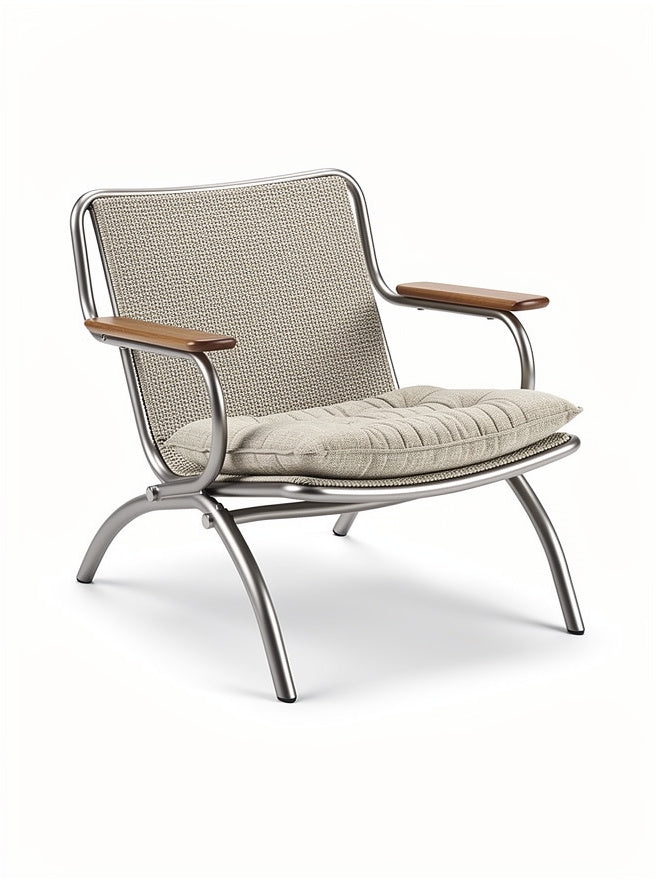 Modernes Lounge-Sessel-Design mit Metallrahmen und Holzarmlehnen**