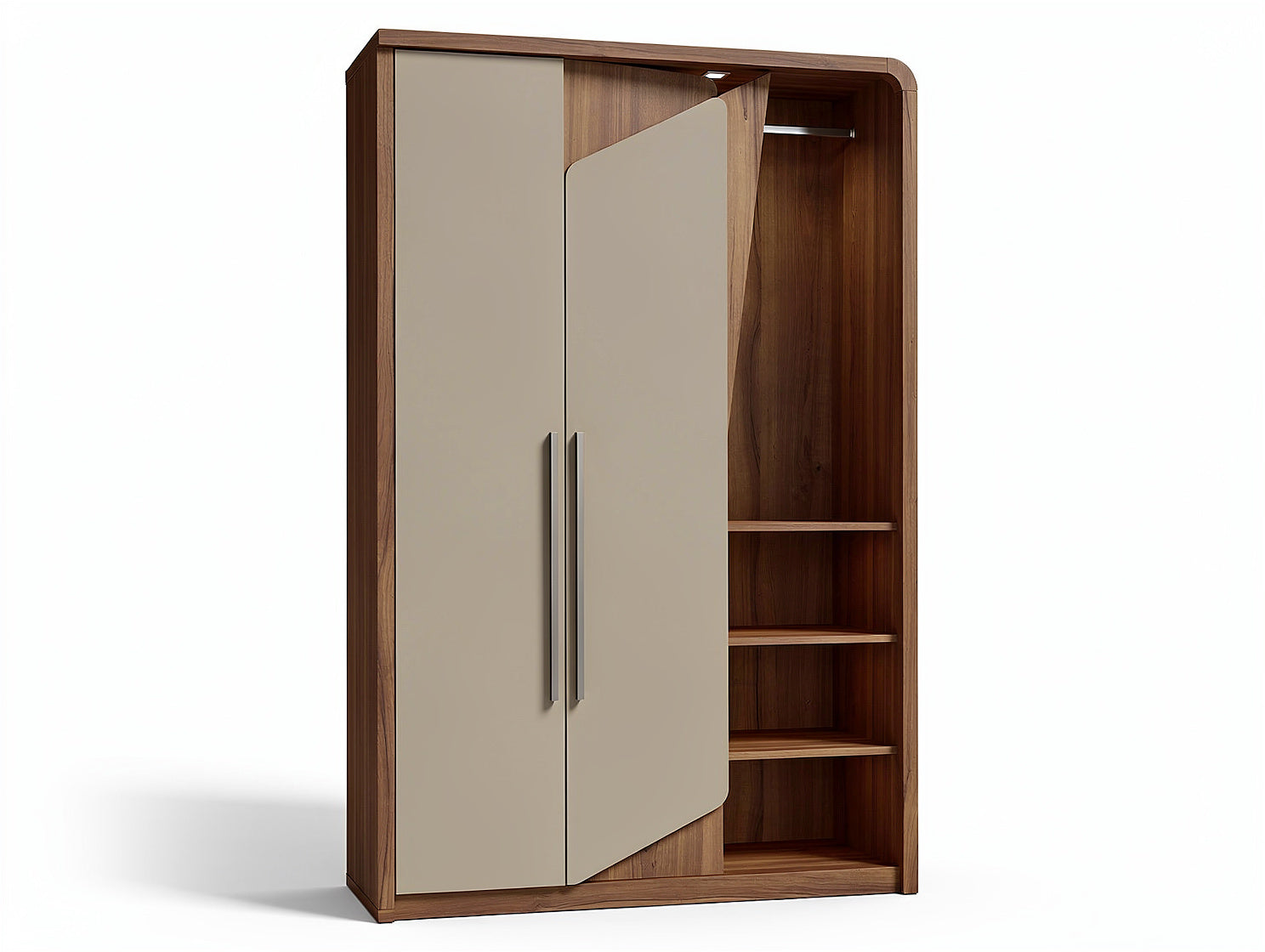 ** **Moderner Kleiderschrank mit asymmetrischer Tür und offenen Regalen**